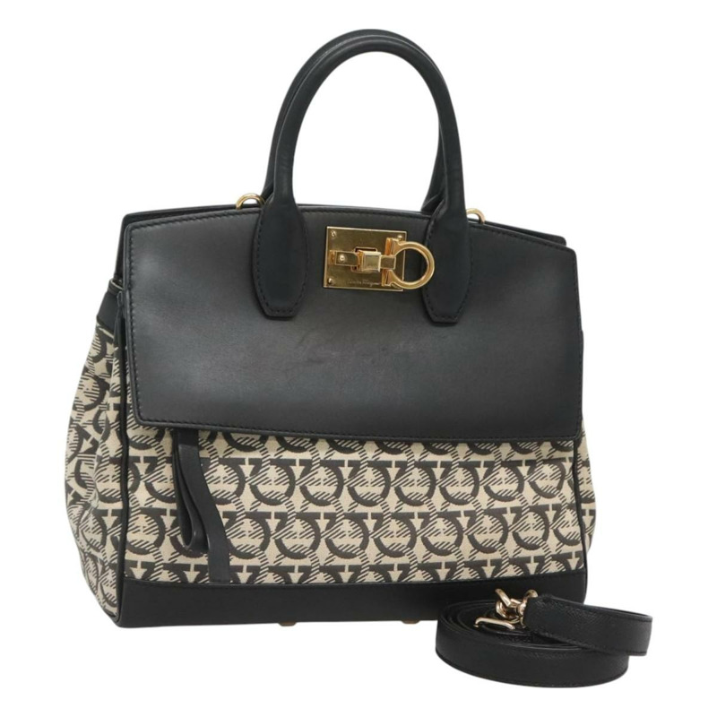 【日本直送】Salvatore Ferragamo Gancini 手袋 帆布 皮革 兩用 黑金 正品 127312-0