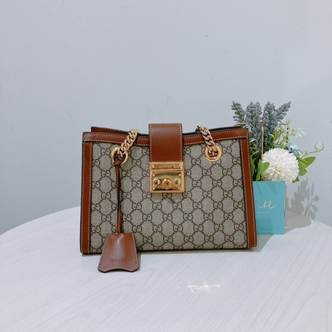 TK1728 Gucci 古馳塗層帆布GG金扣肩背袋啡色Padlock Leather-Trimmed Printed Canvas Shoulder Bag