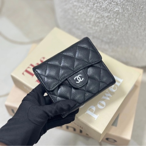 「JL精品代購」98新 Chanel 香奈兒 荔枝牛皮 黑銀短夾