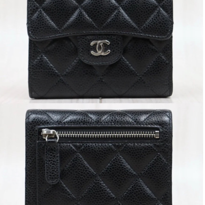 「JL精品代購」98新 Chanel 香奈兒 荔枝牛皮 黑銀短夾-1