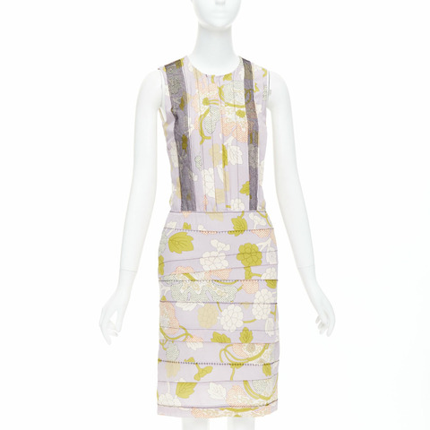 BOTTEGA VENETA 2015 Runway silk purple floral print black mesh pleat dress IT38 XS