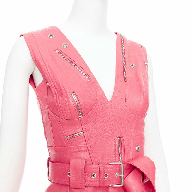 ALEXANDER MCQUEEN 2017 Runway fuchsia pink leather biker zip dress IT36 XXS-6