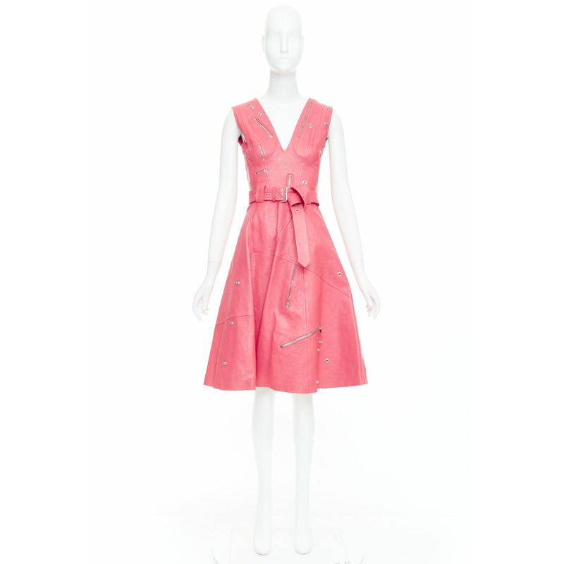 ALEXANDER MCQUEEN 2017 Runway fuchsia pink leather biker zip dress IT36 XXS-12