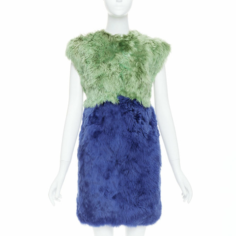 DOLCE GABBANA 2014 Runway blue green alpaca fur floral crystal buttons dress IT36 XXS