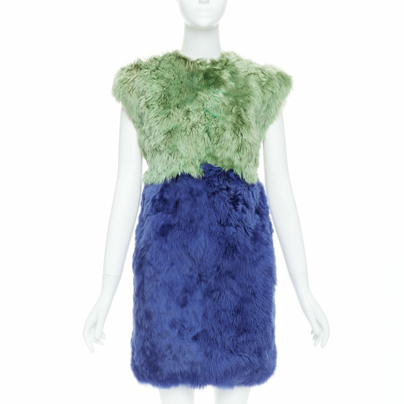 DOLCE GABBANA 2014 Runway blue green alpaca fur floral crystal buttons dress IT36 XXS-0