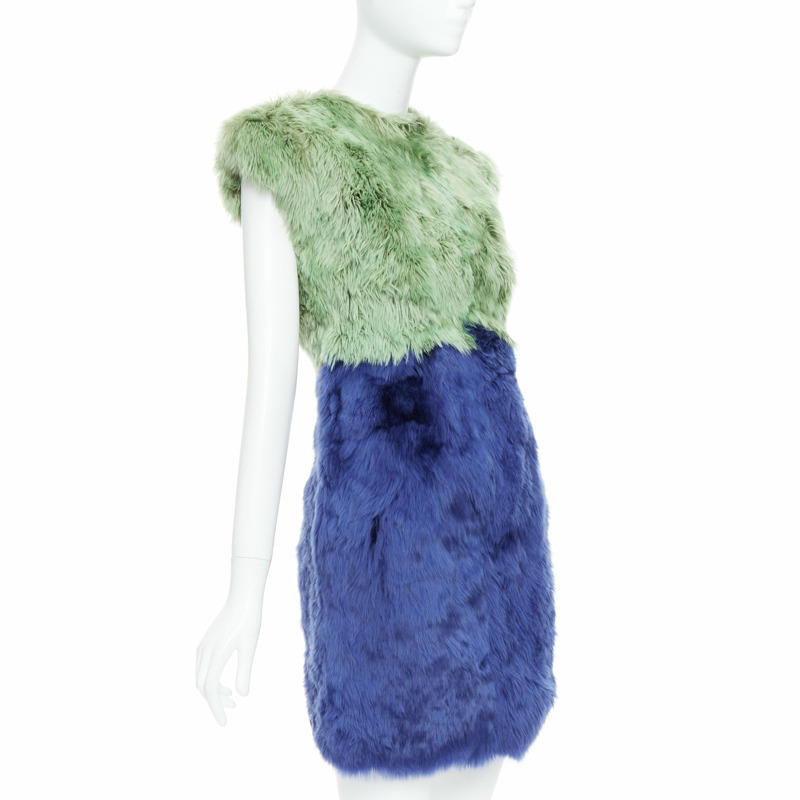 DOLCE GABBANA 2014 Runway blue green alpaca fur floral crystal buttons dress IT36 XXS-2