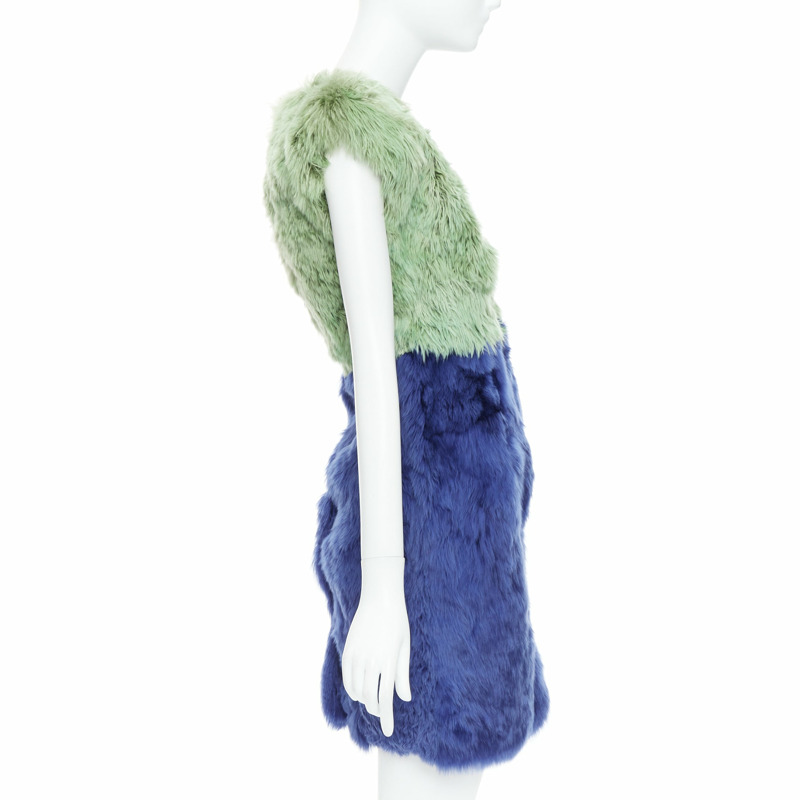 DOLCE GABBANA 2014 Runway blue green alpaca fur floral crystal buttons dress IT36 XXS-3