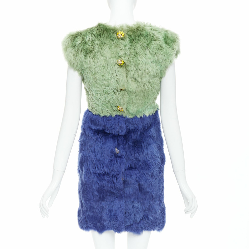 DOLCE GABBANA 2014 Runway blue green alpaca fur floral crystal buttons dress IT36 XXS-4