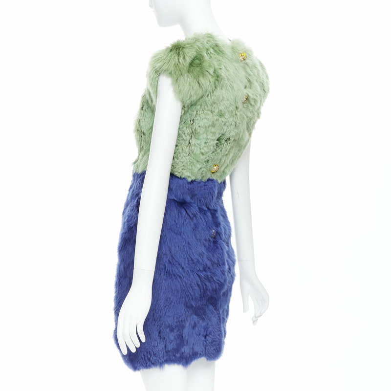 DOLCE GABBANA 2014 Runway blue green alpaca fur floral crystal buttons dress IT36 XXS-5