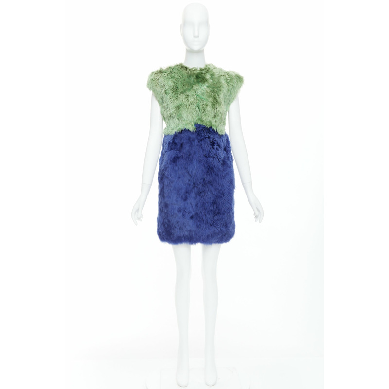 DOLCE GABBANA 2014 Runway blue green alpaca fur floral crystal buttons dress IT36 XXS-8