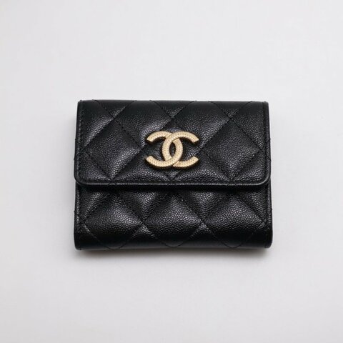 CHANEL 22B粒面牛皮雙層卡包 - 黑金