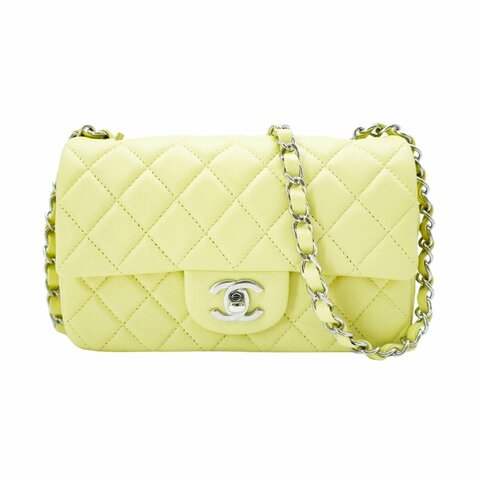 Chanel Mini Flap 菱格羊皮銀鍊斜背包-20cm(A69900-淺黃)