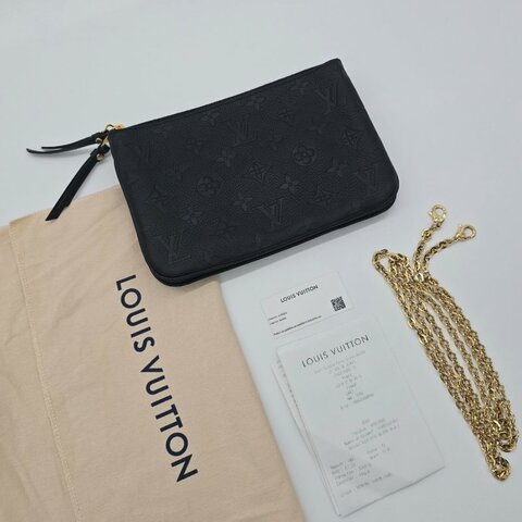 LOUIS VUITTON Double Zip Pochette 黑壓花紋牛皮 多夾層手拿 斜背包 M68568  （晶片款）