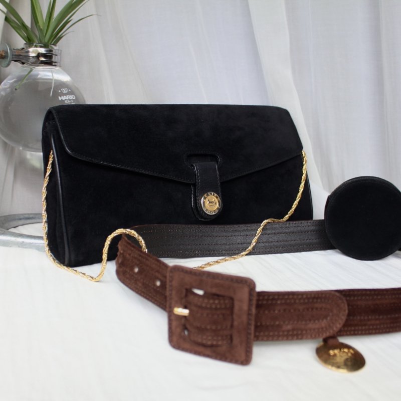 Celine黑色麂皮x馬車logo古董肩背包-14