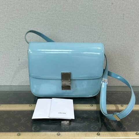 ✨CELINE 藍銀漆皮box中號肩背斜背豆腐包:24*18*7  98新配件塵袋