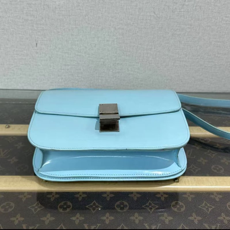 ✨CELINE 藍銀漆皮box中號肩背斜背豆腐包:24*18*7  98新配件塵袋-3