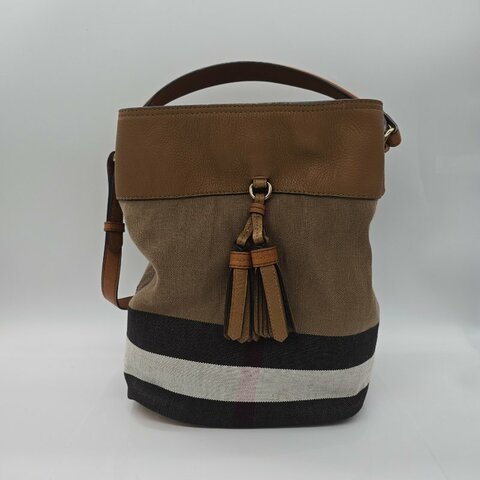 BURBERRY Ashby Canvas 大號 經典格紋 帆布拼接牛皮 磁釦式 斜背 手提包 水桶包