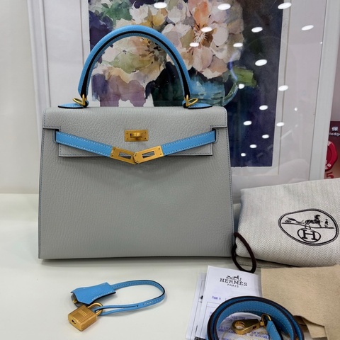 Hermes 愛馬仕 Kelly25 灰拼藍 山羊皮 拉絲金扣 Z刻 全套原單