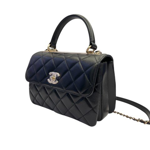 CHANEL Trendy25黑羊皮金釦下蓋手把鍊條包 A92236-3