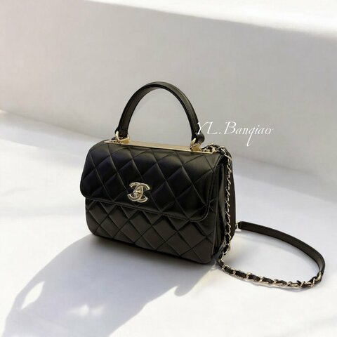 CHANEL Trendy25黑羊皮金釦下蓋手把鍊條包 A92236