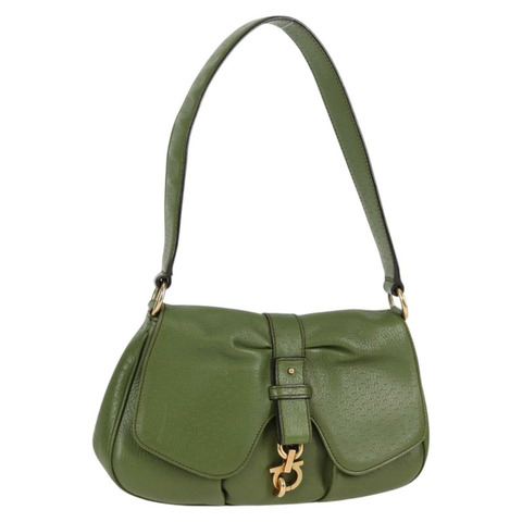 Salvatore Ferragamo Gancini 肩背包 皮革 綠金色 正品 127594V