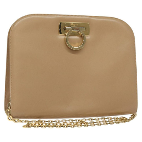 Salvatore Ferragamo 鏈 Gancini 單肩包 皮革 米色金色 正品 128139