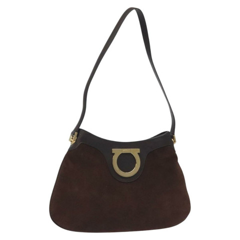 Salvatore Ferragamo Gancini 單肩包 絨面革 棕色金色 正品 128128