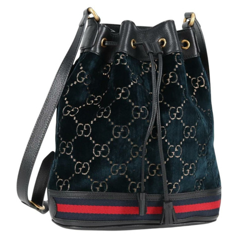 GUCCI GG 天鵝絨雪莉線單肩包海軍藍金紅色 574960 正品 123523M
