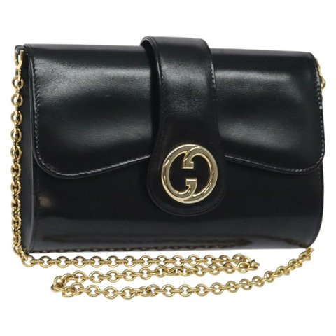 GUCCI 鏈條單肩包 皮革 黑金 正品 ep9258