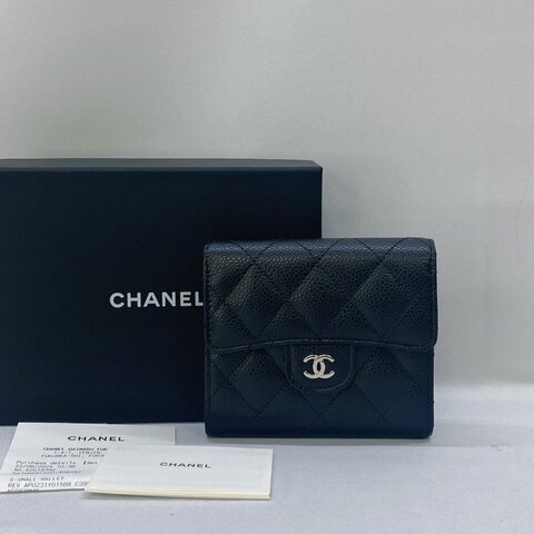 CHANEL 黑銀荔枝牛三折短夾