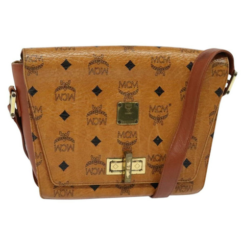 MCM Logo 圖案 Vicetos 單肩包 PVC 皮革 棕金色 正品 BA3483
