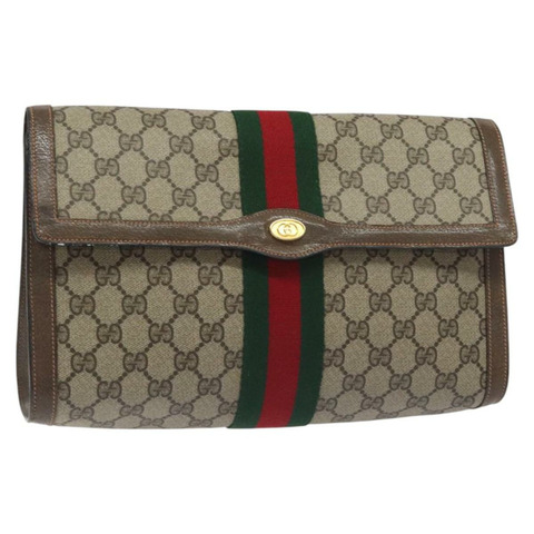GUCCI GG Supreme Web Sherry Line 手拿包 PVC 米色金色紅色正品 BA3325