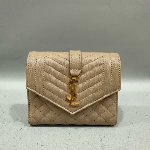 ysl 651028 奶茶色荔枝皮金釦 短夾