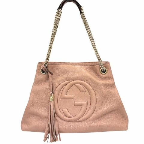 GUCCI 古馳 308982 SOHO 流蘇鍊條肩背包 皮革 杏色