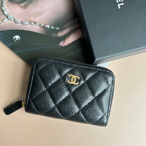 ::CHANEL:: 黑金荔枝牛皮 ㄇ形拉鍊零錢包 卡包 錢包