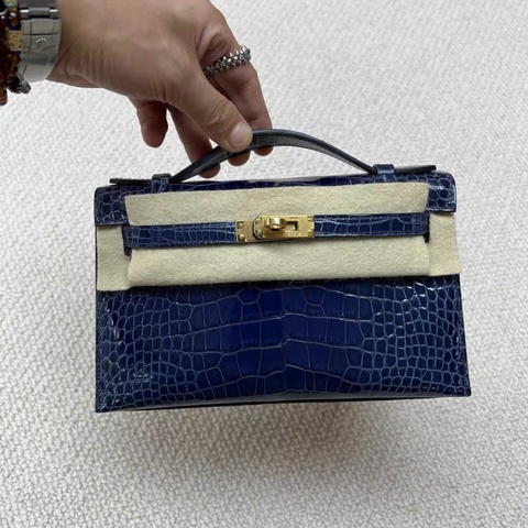 愛馬仕/Hermes mini Kelly一代 亮面鰐魚皮金扣  Z刻 8X波羅的海藍