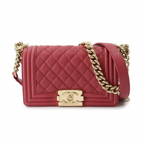 CHANEL Boy Chanel 小號鏈條單肩包 魚子醬皮 紅色 A67085 金色金屬配件