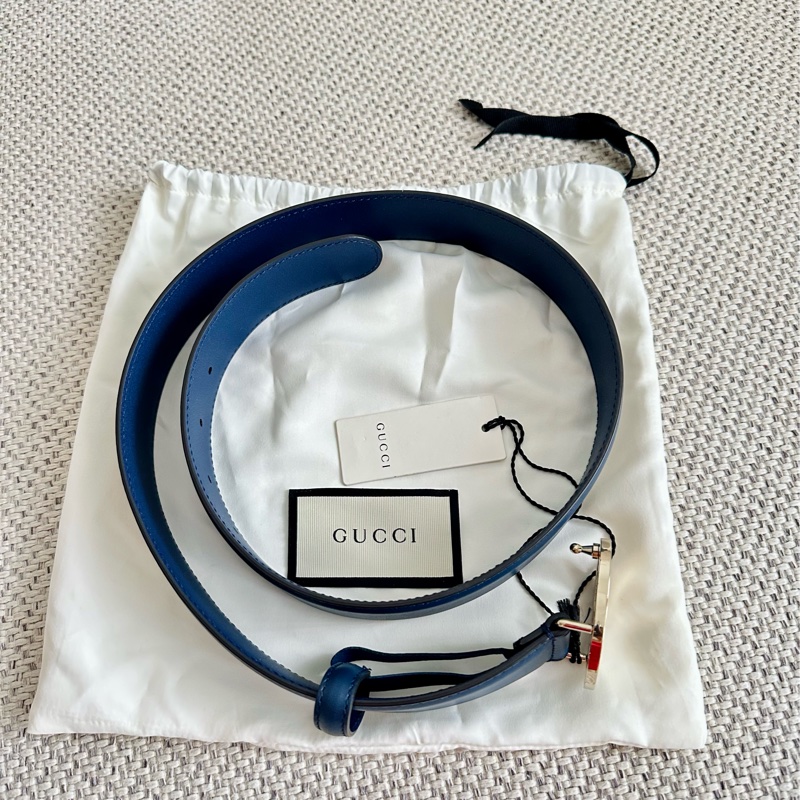 ~~Gucci 雙G logo銀釦配深藍色皮帶~~-1