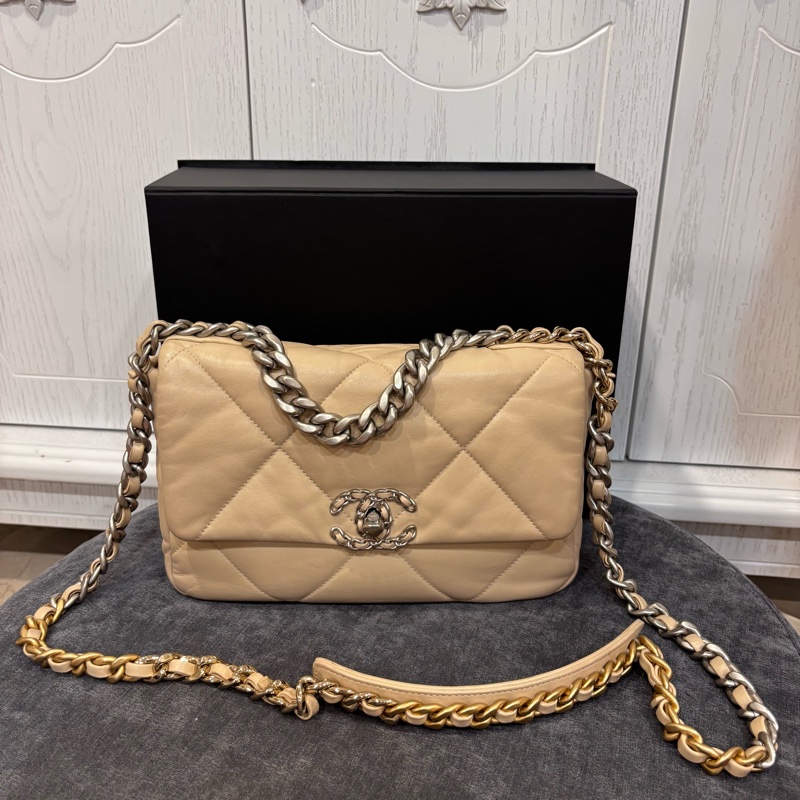 🆕極新晶片款‼️Chanel菱格奶茶色銀扣19bag雙色鏈條包-2
