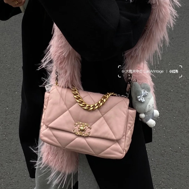 🆕極新限量‼️Chanel羊皮金扣櫻花粉小號19bag雙色鏈條包-3