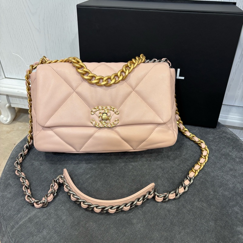 🆕極新限量‼️Chanel羊皮金扣櫻花粉小號19bag雙色鏈條包-5
