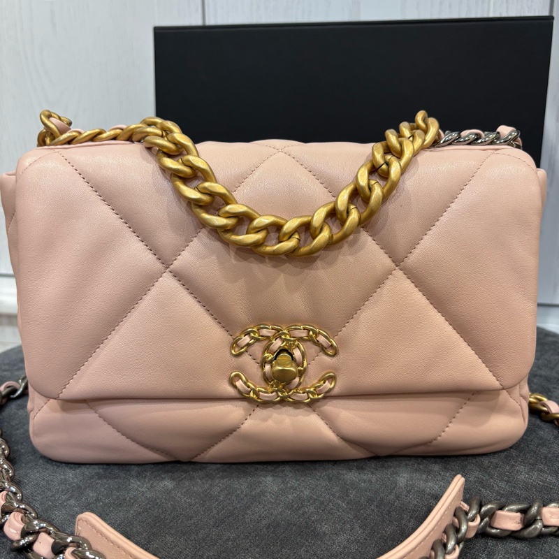 🆕極新限量‼️Chanel羊皮金扣櫻花粉小號19bag雙色鏈條包-6