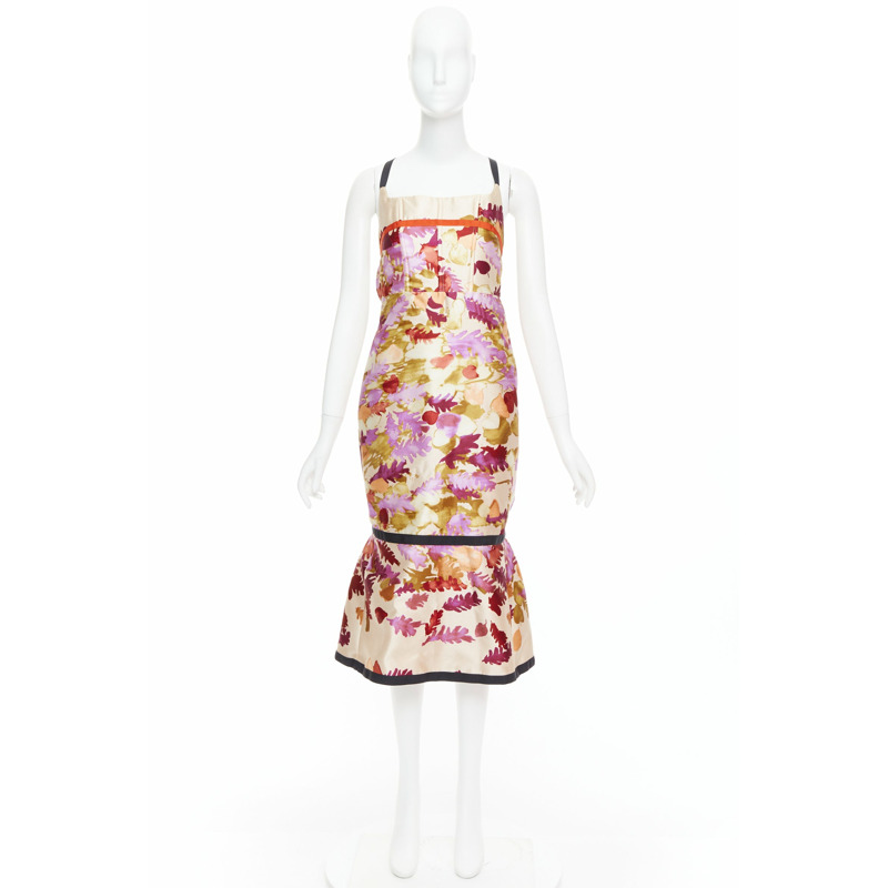 rare PRADA 1999 Runway Vintage neoprene duchess silk floral bondage dress IT38 XS-9