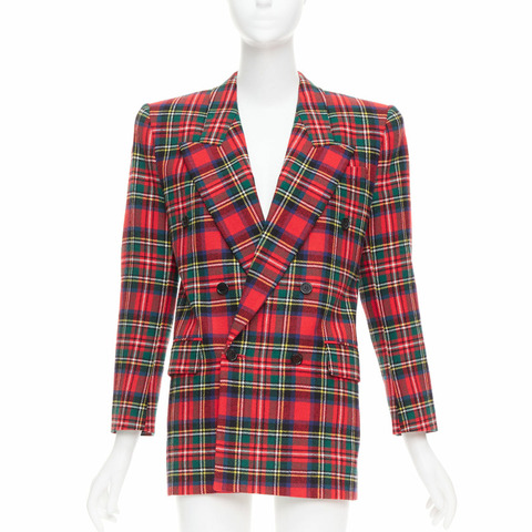 SAINT LAURENT 2023 red scotland plaid wool blend power blazer FR34 XS
