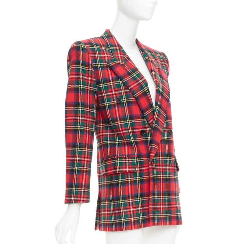 SAINT LAURENT 2023 red scotland plaid wool blend power blazer FR34 XS-2