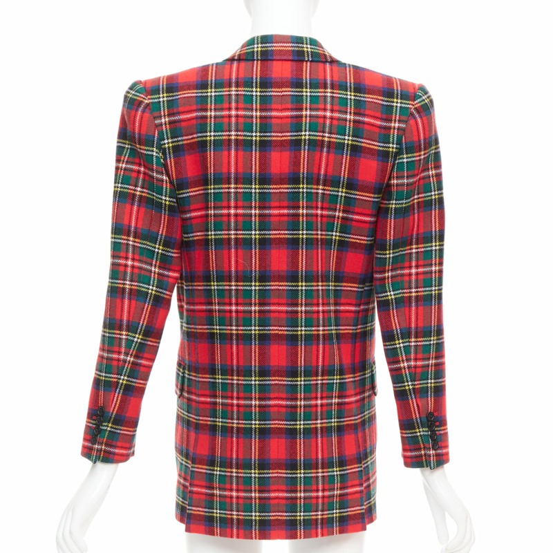 SAINT LAURENT 2023 red scotland plaid wool blend power blazer FR34 XS-4