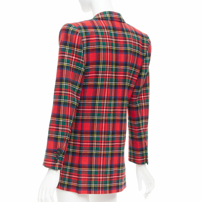 SAINT LAURENT 2023 red scotland plaid wool blend power blazer FR34 XS-5