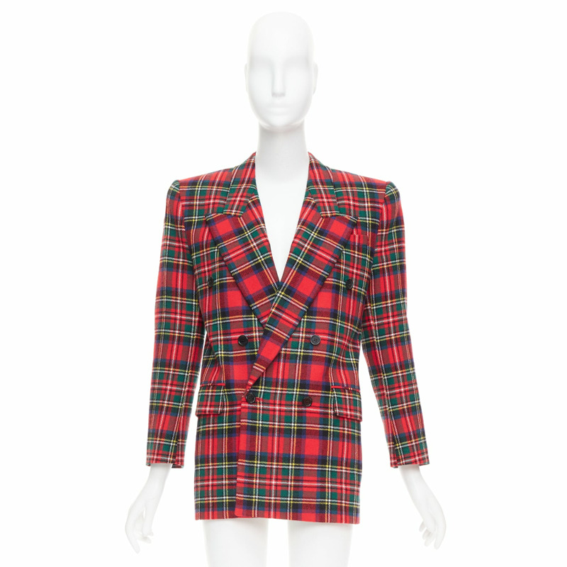 SAINT LAURENT 2023 red scotland plaid wool blend power blazer FR34 XS-8