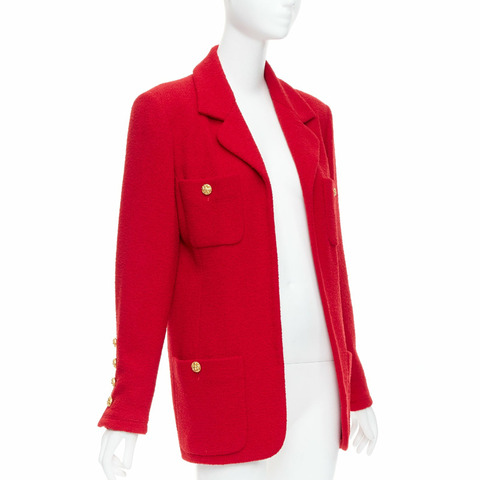 vintage CHANEL 1992 Collection 29 lipstick red tweed woven gold button 4 pocket jacket  FR44