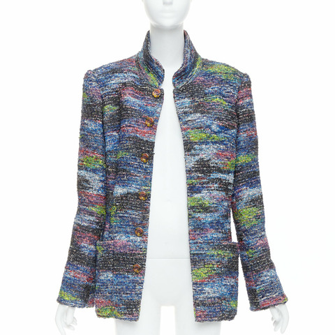 rare CHANEL 2015 Runway blue spray painted Fantasy tweed jacket FR46